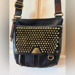 Black Leather Crossbody Bag with Custom Gold Studs